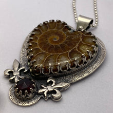 Load image into Gallery viewer, Ammonite Heart Fossil + Garnet Necklace