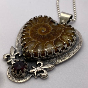 Ammonite Heart Fossil + Garnet Necklace