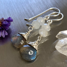 Load image into Gallery viewer, Moonstone + Labradorite Silver Earrings