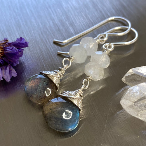 Moonstone + Labradorite Silver Earrings