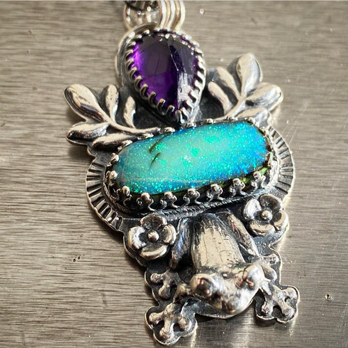 “Kiss This” Froggy pendant, amethyst and sterling opal