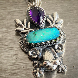 “Kiss This” Froggy pendant, amethyst and sterling opal