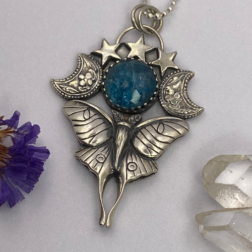 Luna Moth + Blue Gemstone Necklace