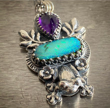 Load image into Gallery viewer, “Kiss This” Froggy pendant, amethyst and sterling opal