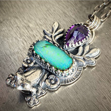 Load image into Gallery viewer, “Kiss This” Froggy pendant, amethyst and sterling opal