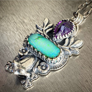 “Kiss This” Froggy pendant, amethyst and sterling opal