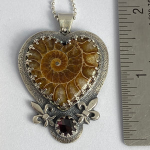 Ammonite Heart Fossil + Garnet Necklace