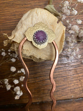 Load image into Gallery viewer, Pink Sapphire Arabesque, Mixed Metal Brass and Copper Hair Fork