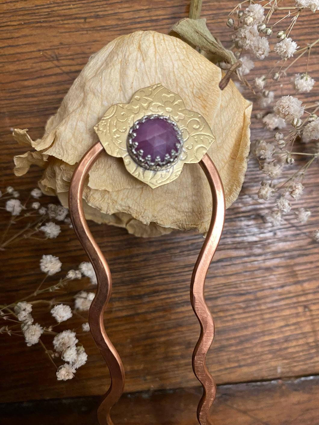 Pink Sapphire Arabesque, Mixed Metal Brass and Copper Hair Fork