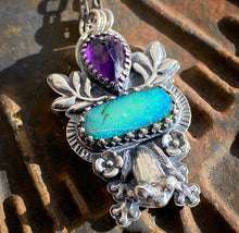 Load image into Gallery viewer, “Kiss This” Froggy pendant, amethyst and sterling opal