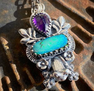 “Kiss This” Froggy pendant, amethyst and sterling opal