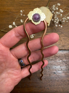 Pink Sapphire Arabesque, Mixed Metal Brass and Copper Hair Fork