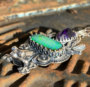 “Kiss This” Froggy pendant, amethyst and sterling opal