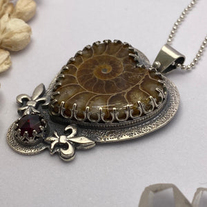 Ammonite Heart Fossil + Garnet Necklace