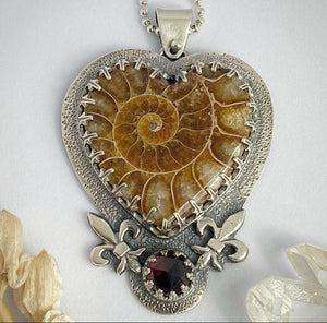 Ammonite Heart Fossil + Garnet Necklace