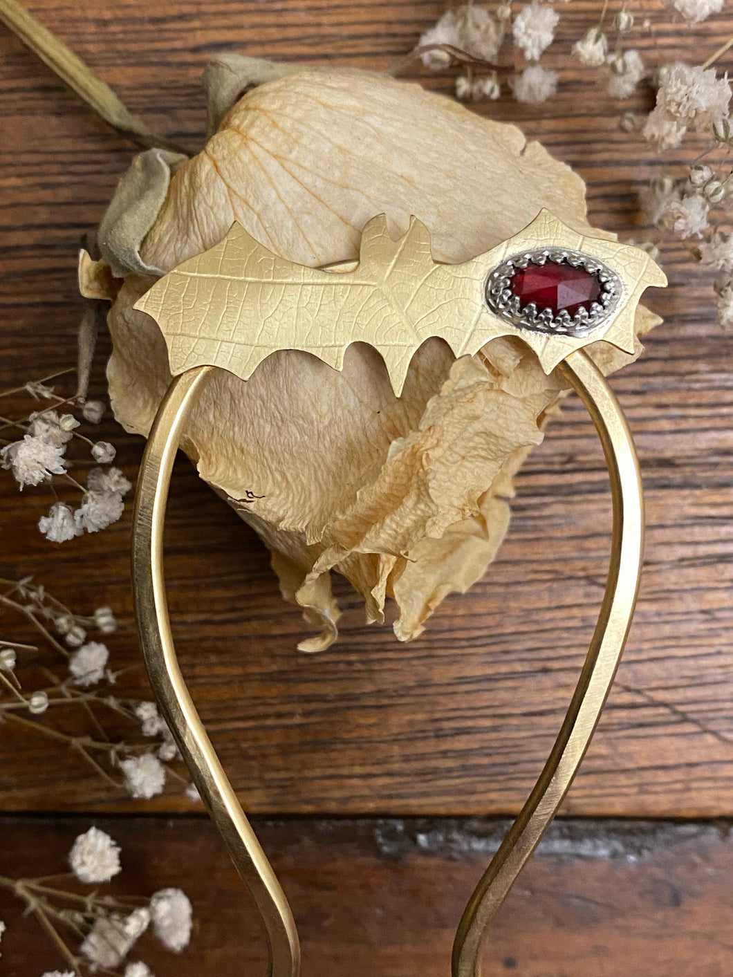 Rose Cut Garnet, Leaf Pattern Bat, Brass Hair Fork