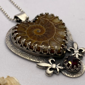 Ammonite Heart Fossil + Garnet Necklace