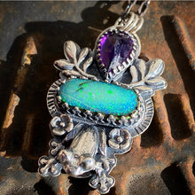 Load image into Gallery viewer, “Kiss This” Froggy pendant, amethyst and sterling opal