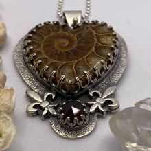 Load image into Gallery viewer, Ammonite Heart Fossil + Garnet Necklace