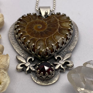 Ammonite Heart Fossil + Garnet Necklace