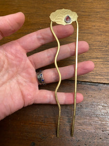 Rose Cut Garnet, Spider Web, Brass Hair Fork