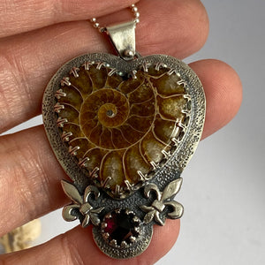 Ammonite Heart Fossil + Garnet Necklace