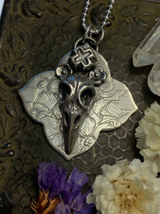 Floral Raven's Skull Necklace