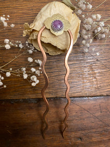 Pink Sapphire Arabesque, Mixed Metal Brass and Copper Hair Fork